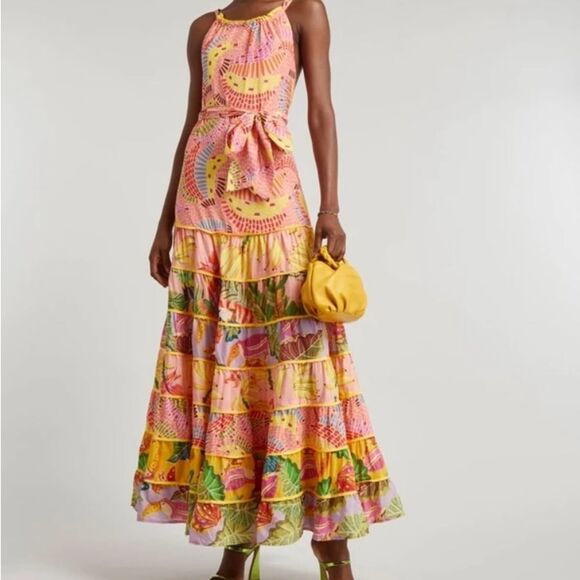NEW FARM Rio Mixed Pink Prints Maxi Dress Fruit Tiered Crossback Belt Size L - Picture 2 of 16